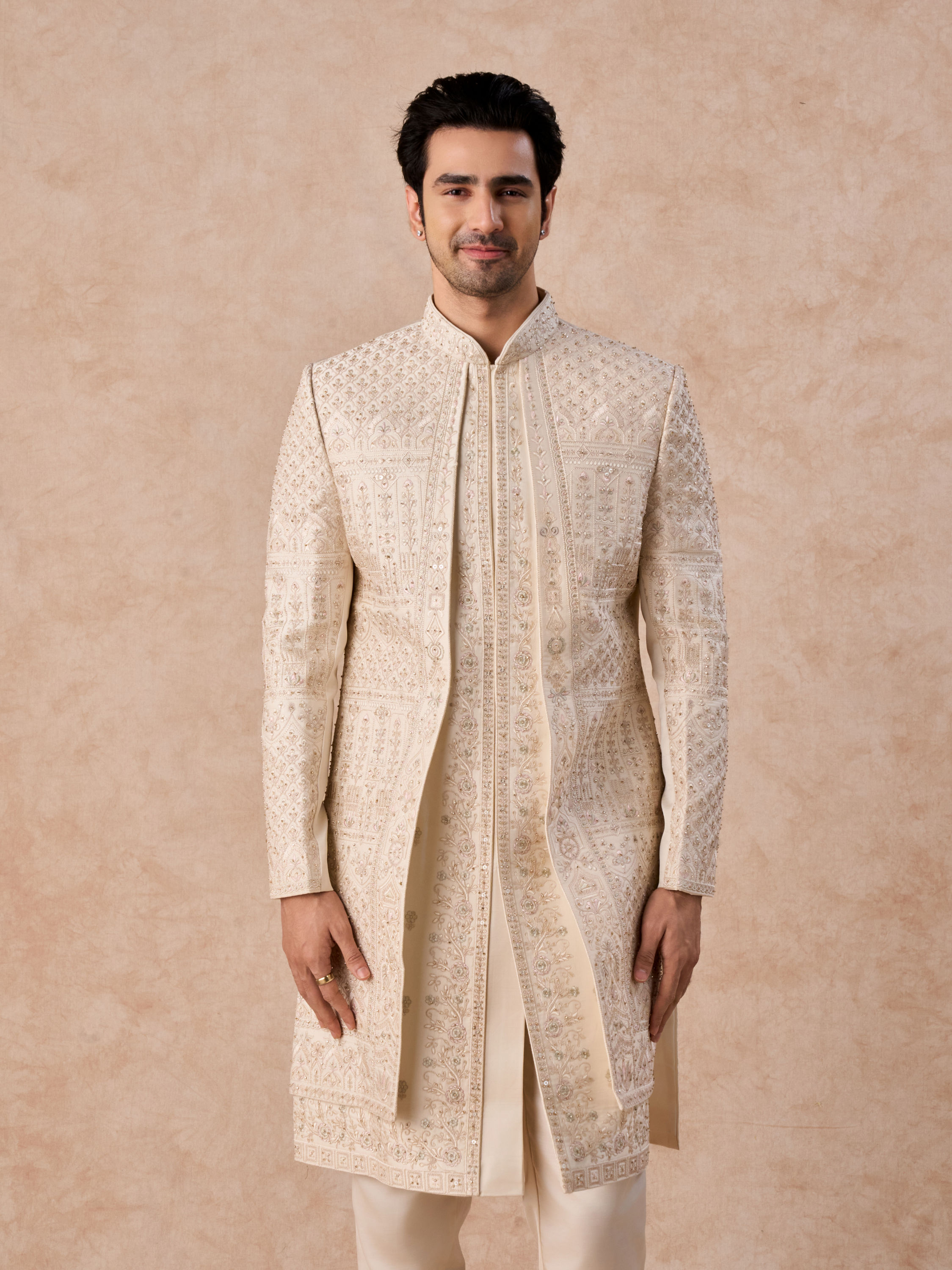 Manyavar Men Beige Satin Effect Open Sherwani