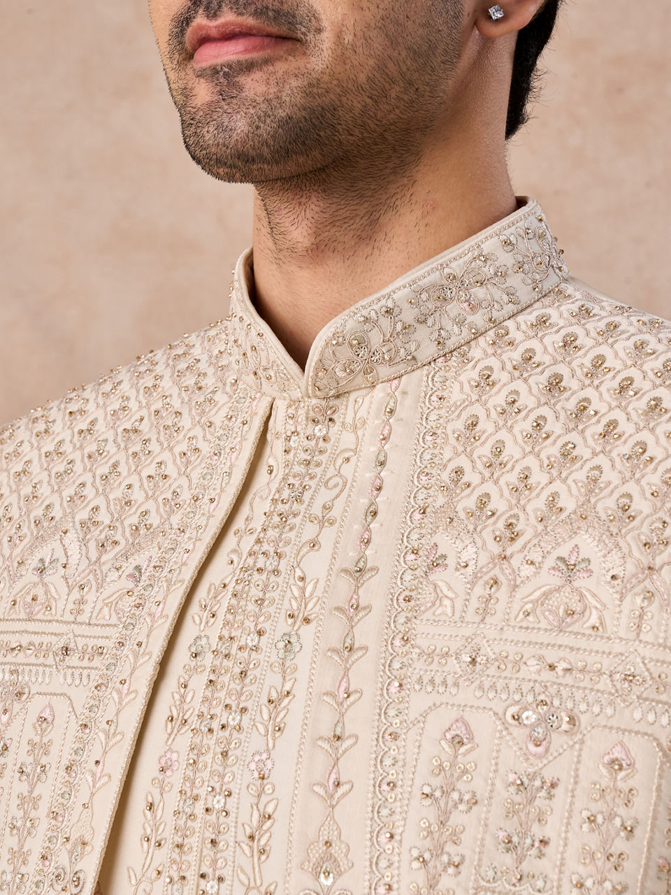 Manyavar Men Beige Satin Effect Sherwani