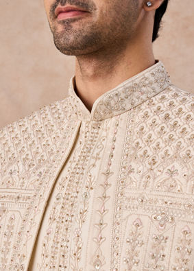 Manyavar Men Beige Satin Effect Open Sherwani