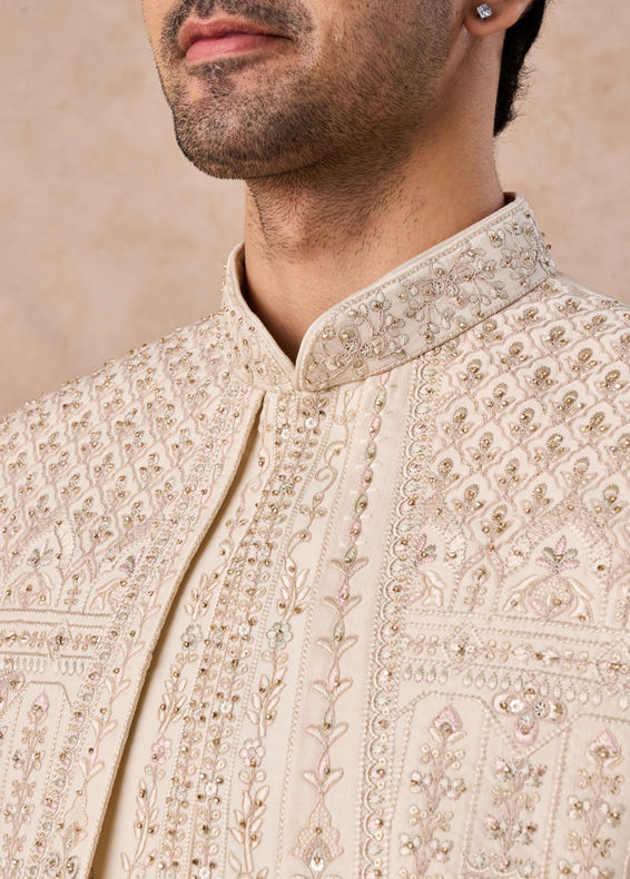 Manyavar Men Beige Satin Effect Sherwani
