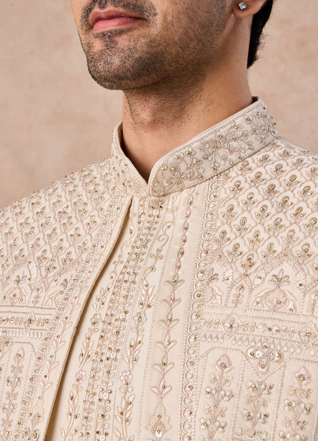 Manyavar Men Beige Satin Effect Sherwani
