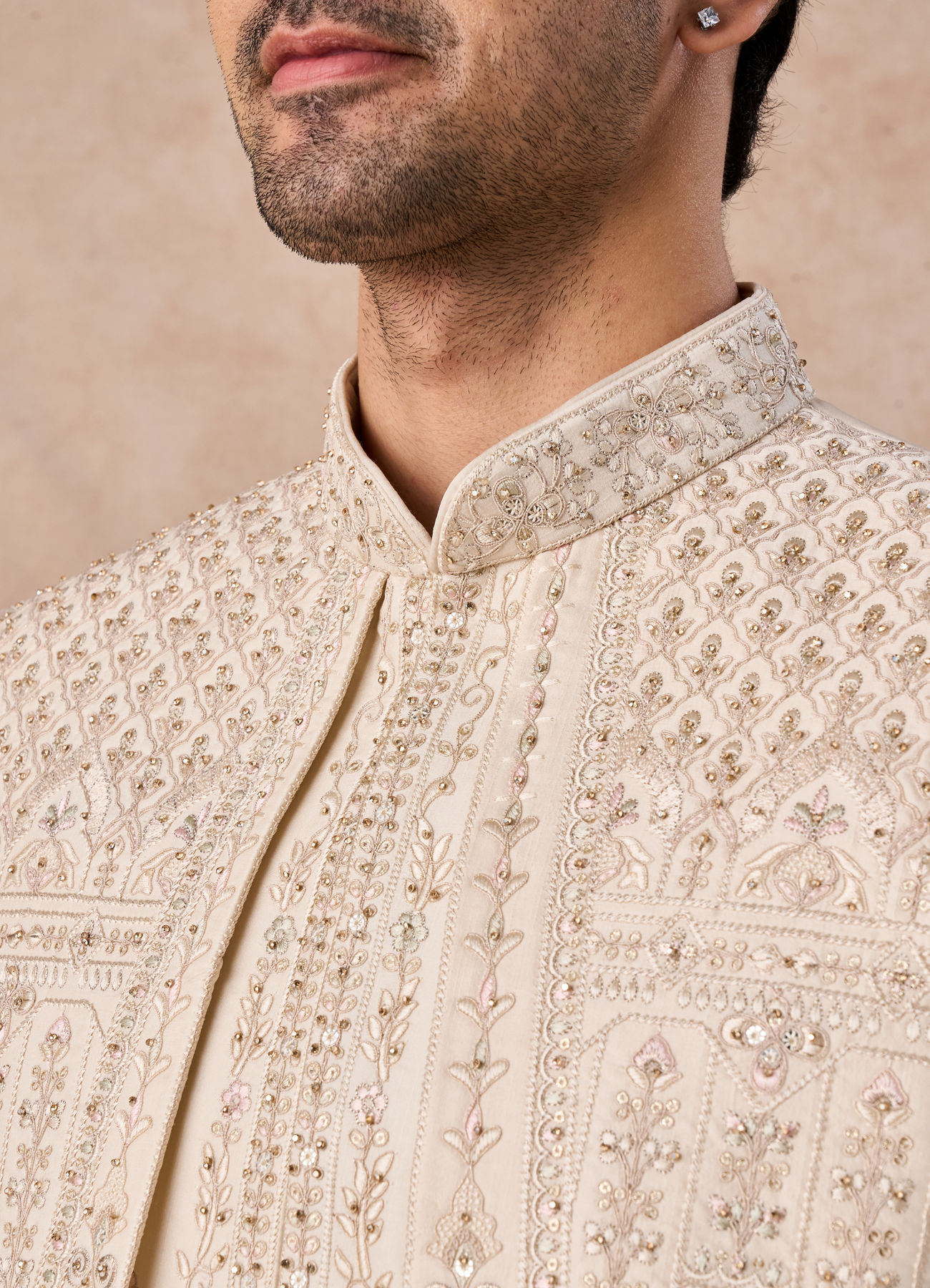 Manyavar Men Beige Satin Effect Open Sherwani
