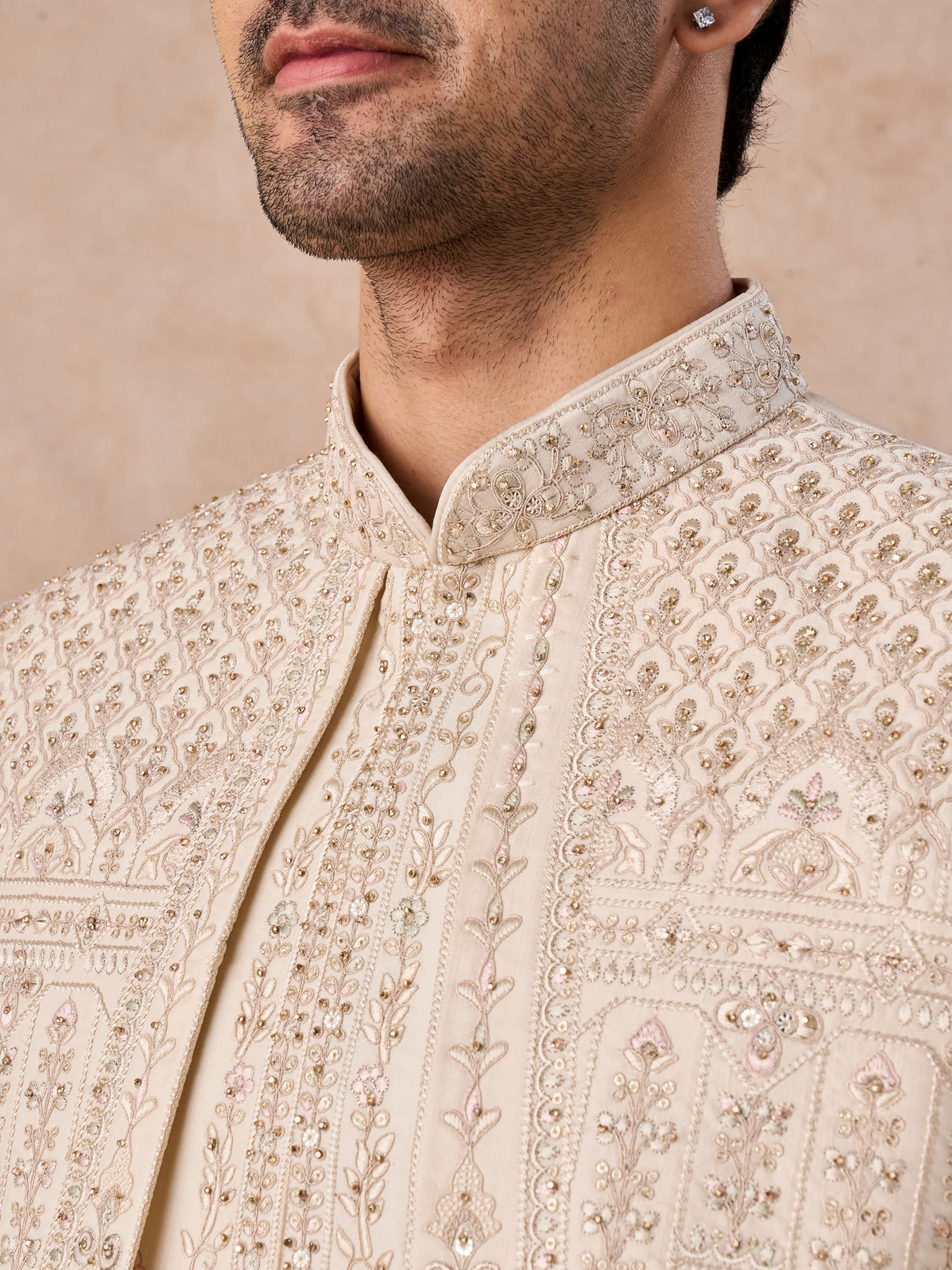Manyavar Men Beige Satin Effect Open Sherwani