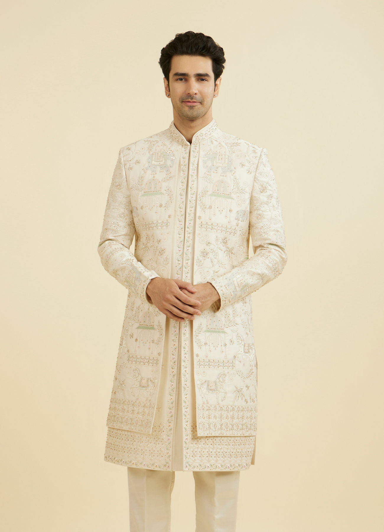 Manyavar Men Regal Beige Open Sherwani Set