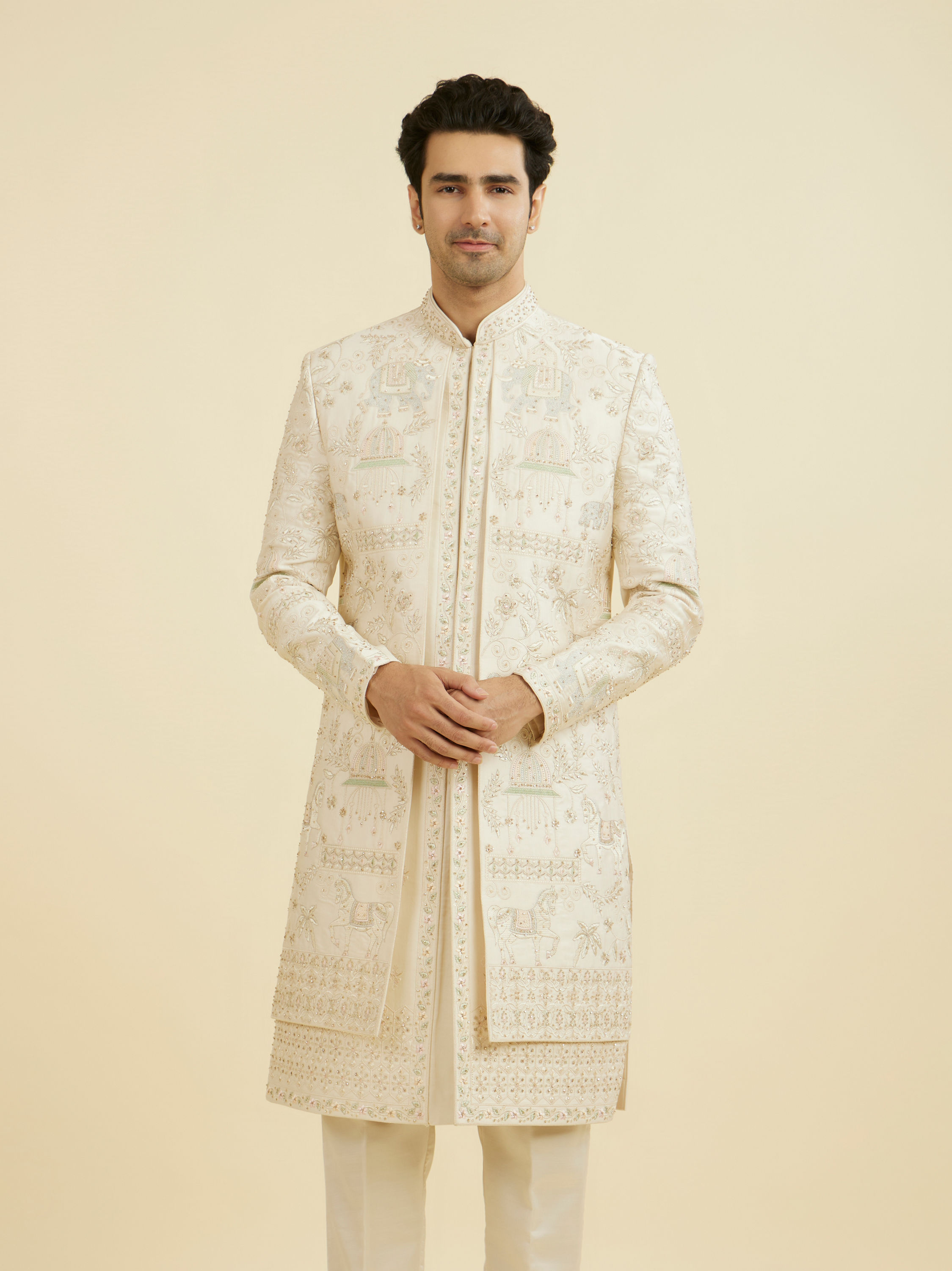 Manyavar Men Regal Beige Open Sherwani Set