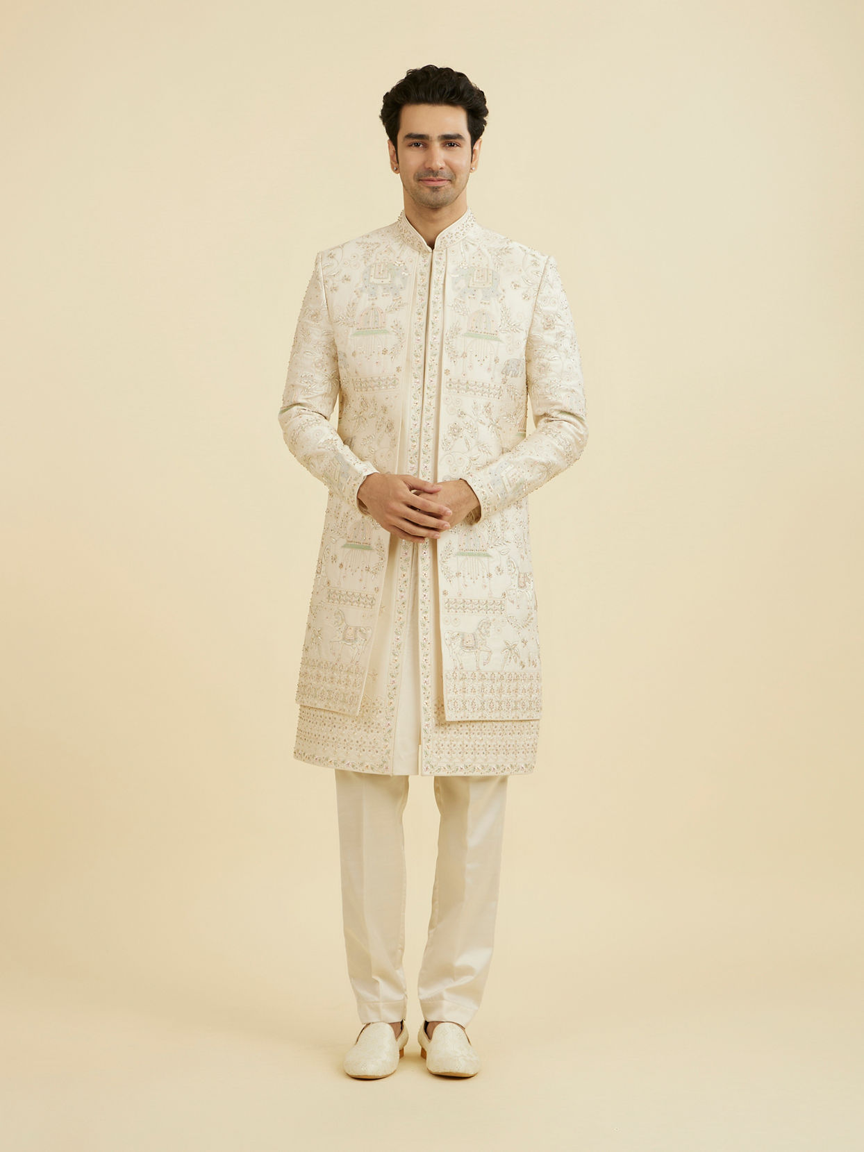 Manyavar Men Regal Beige Open Sherwani Set