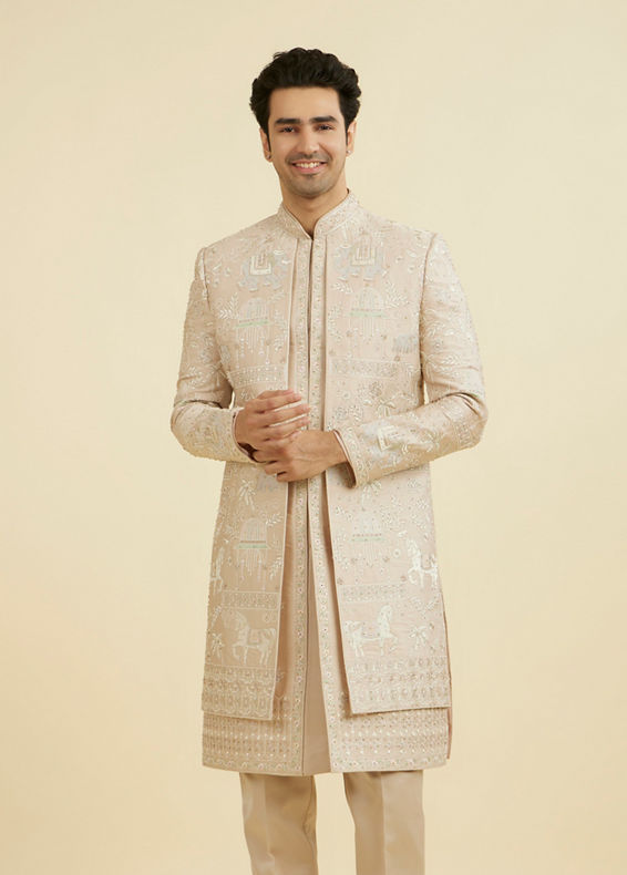 Manyavar Men Natural Beige Open Sherwani