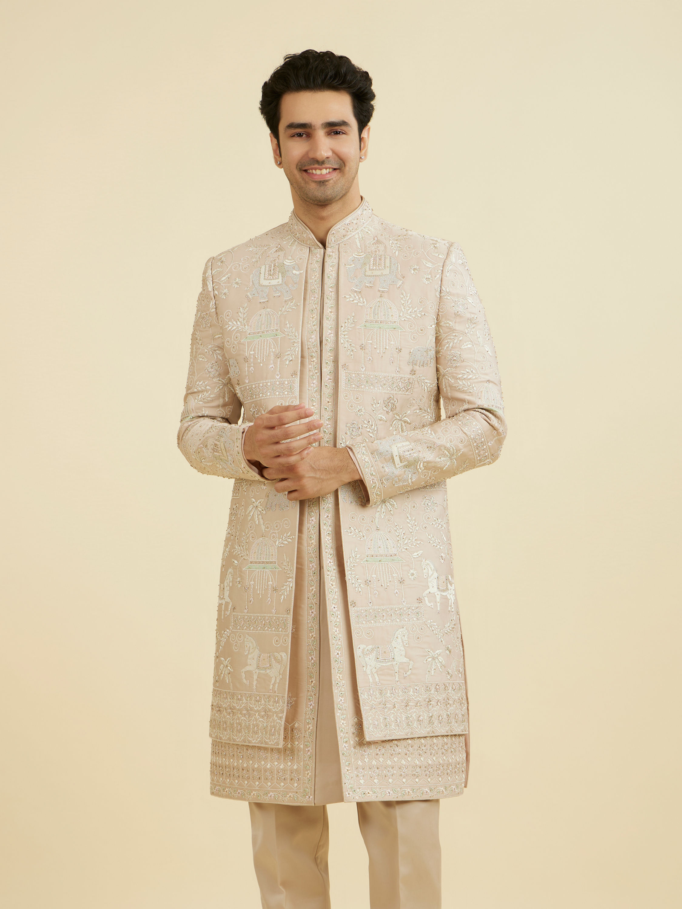 Manyavar Men Natural Beige Open Sherwani
