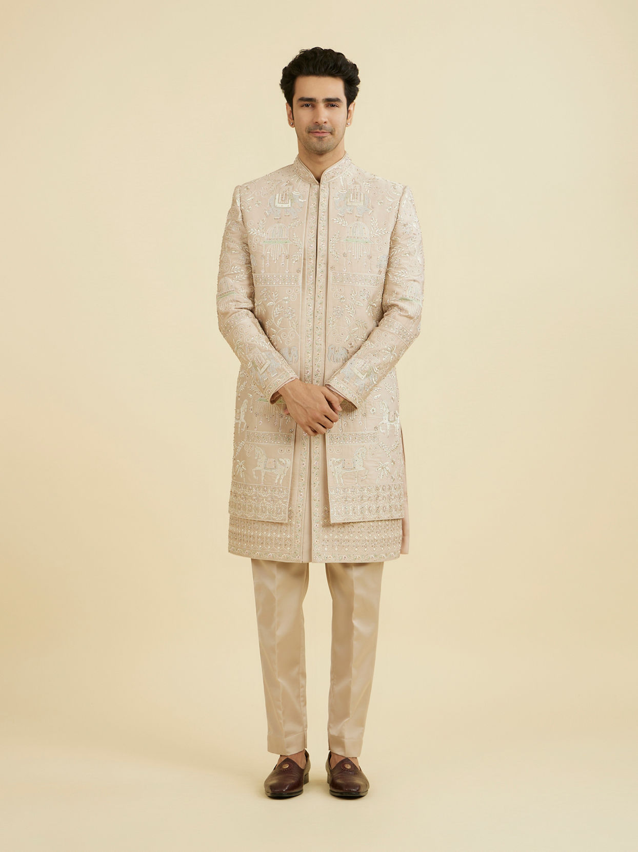 Manyavar Men Natural Beige Open Sherwani