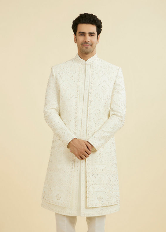 Manyavar Men Regal Cream Satin Open Sherwani