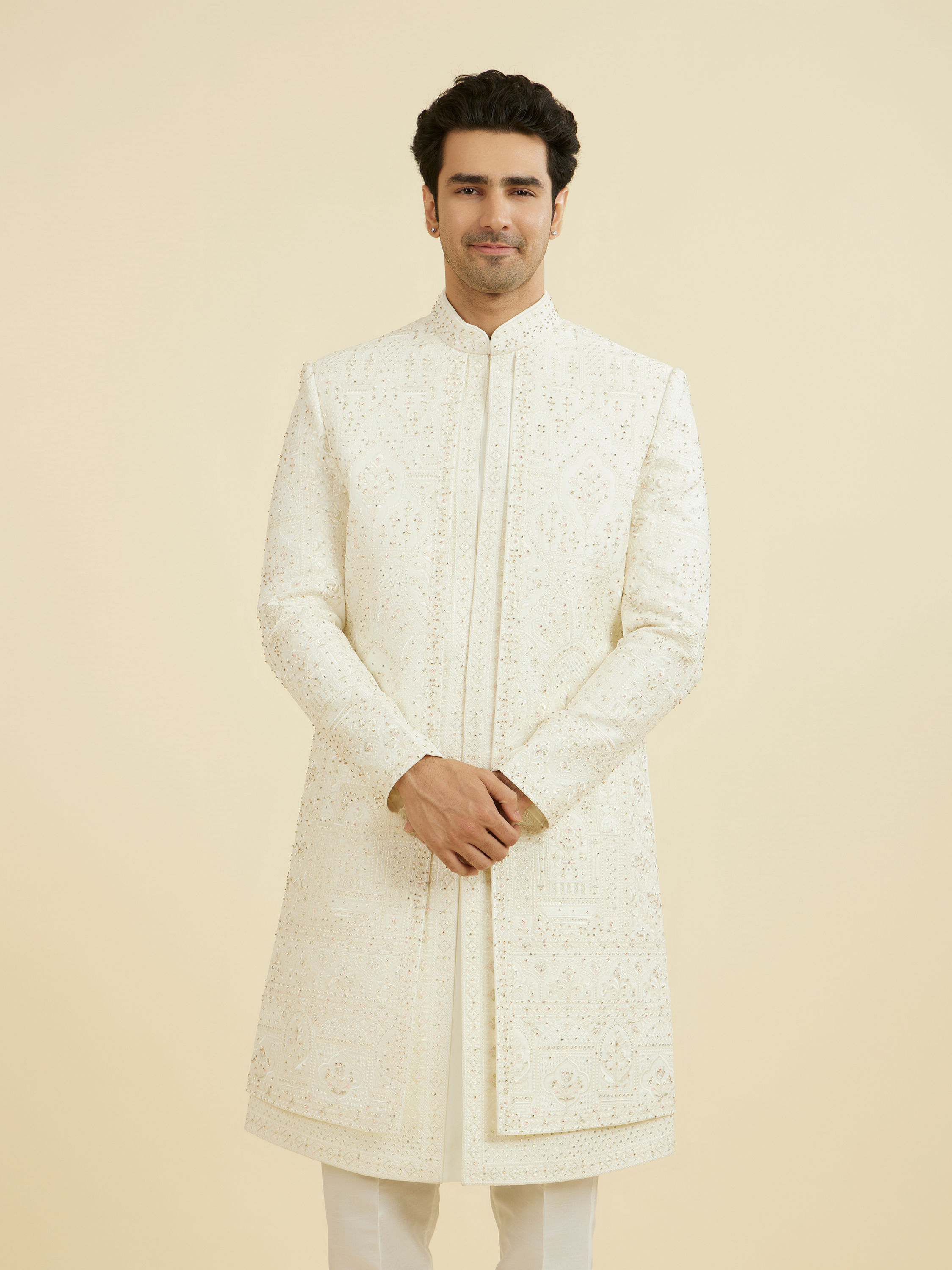 Manyavar Men Regal Cream Satin Open Sherwani