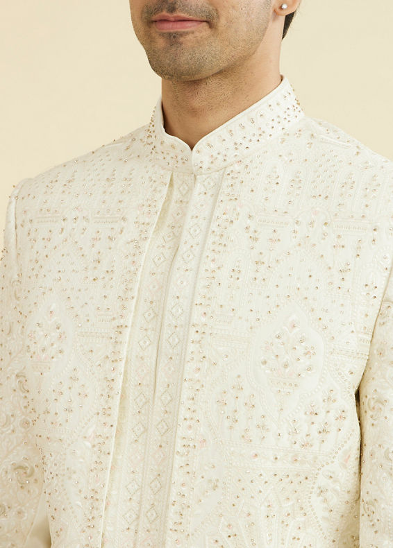 Manyavar Men Regal Cream Satin Open Sherwani