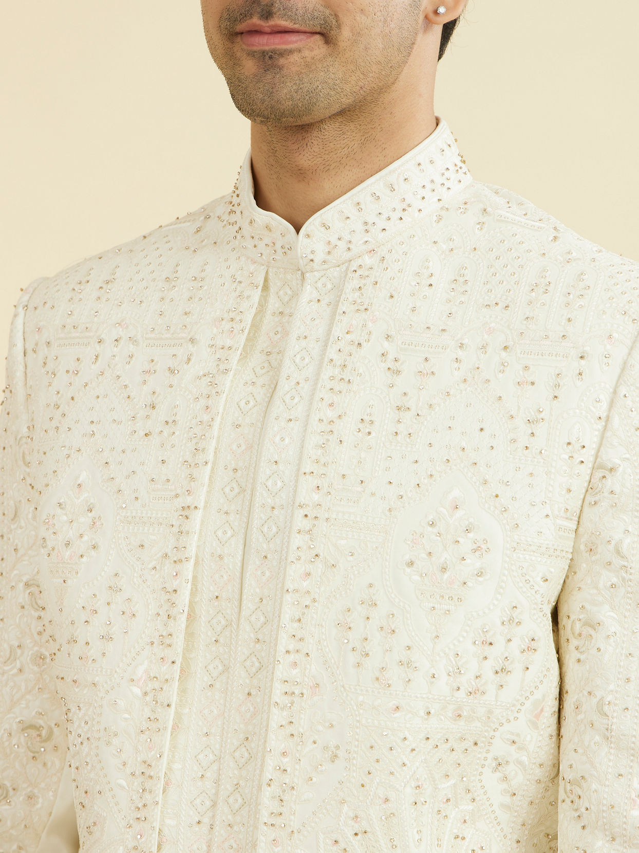 Manyavar Men Regal Cream Satin Open Sherwani