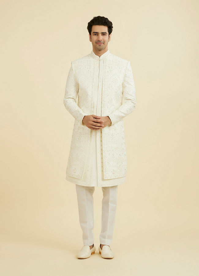 Manyavar Men Regal Cream Satin Open Sherwani