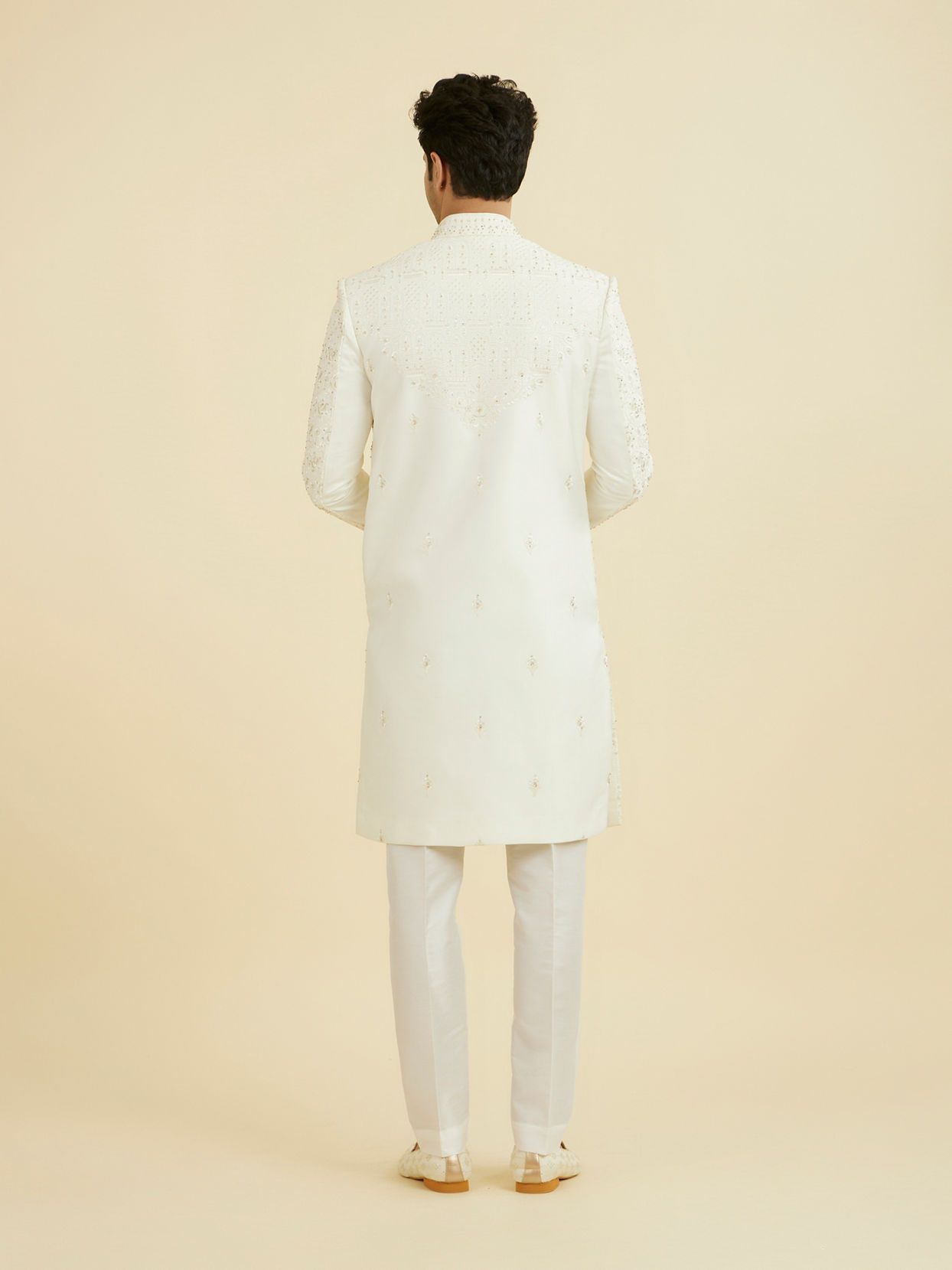 Manyavar Men Regal Cream Satin Open Sherwani