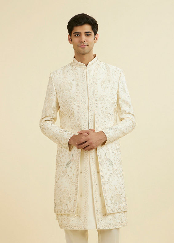 Manyavar Men Royal Cream Open Sherwani Ensemble