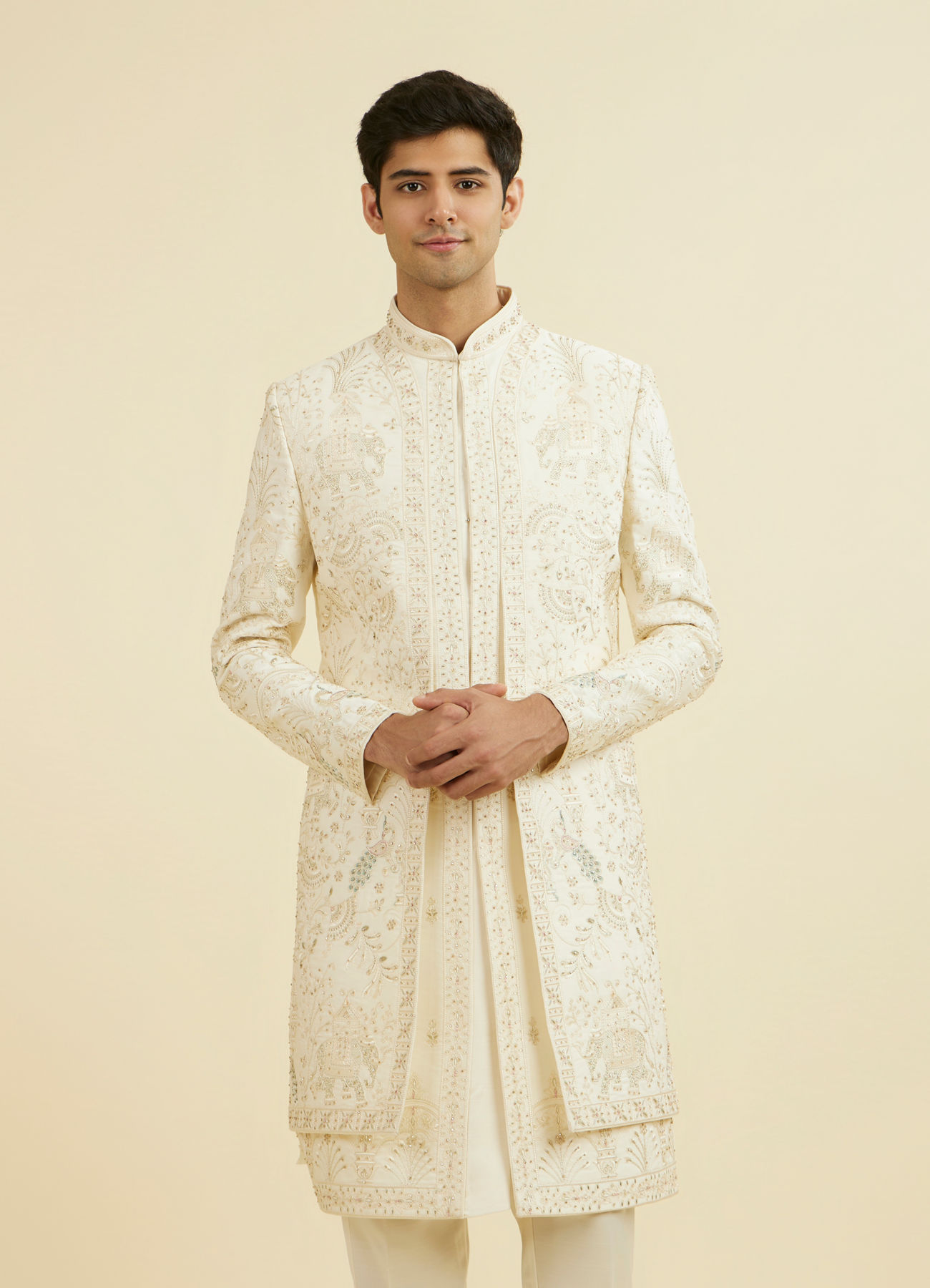 Manyavar Men Royal Cream Open Sherwani Ensemble