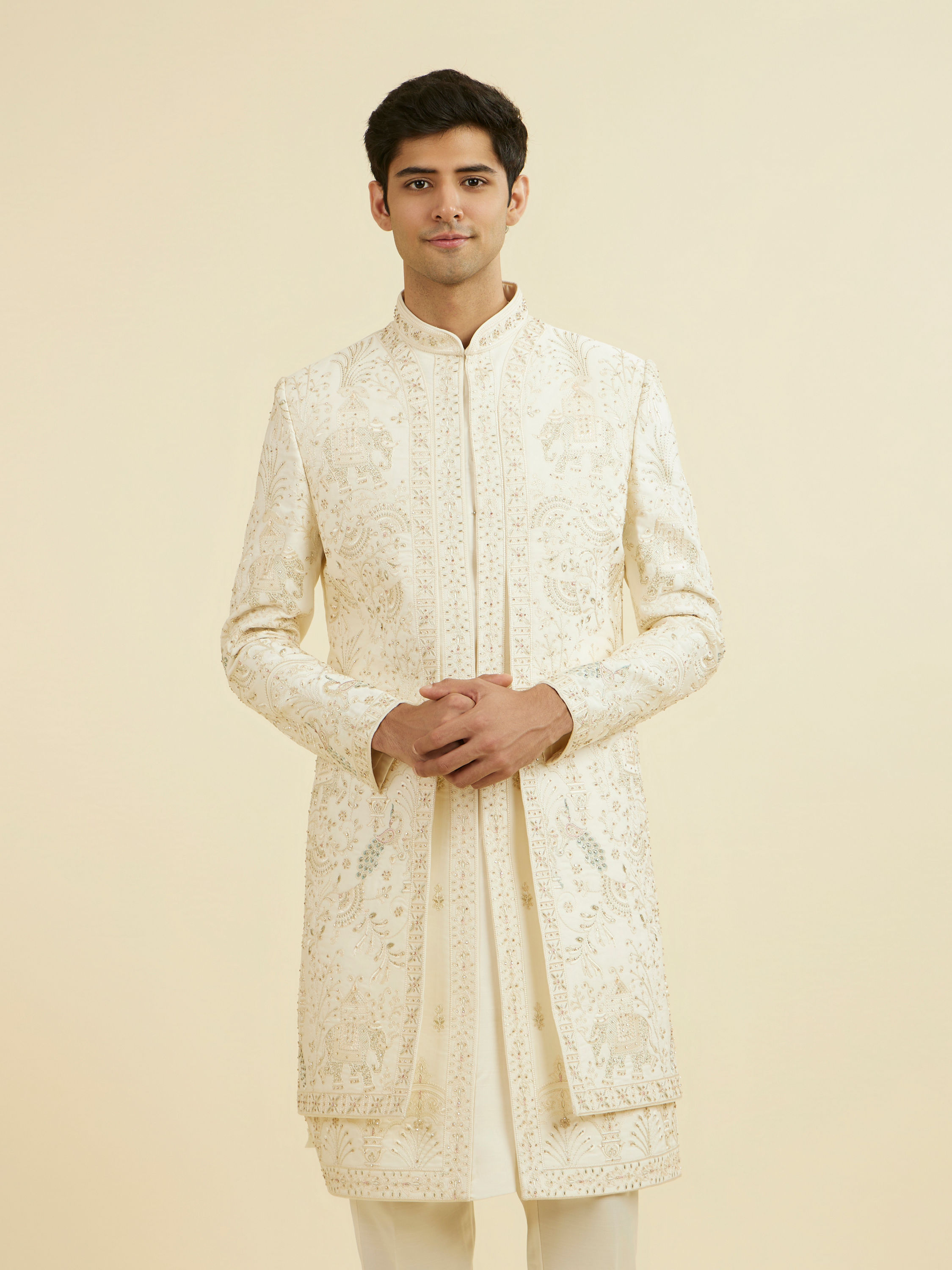 Manyavar Men Royal Cream Open Sherwani Ensemble