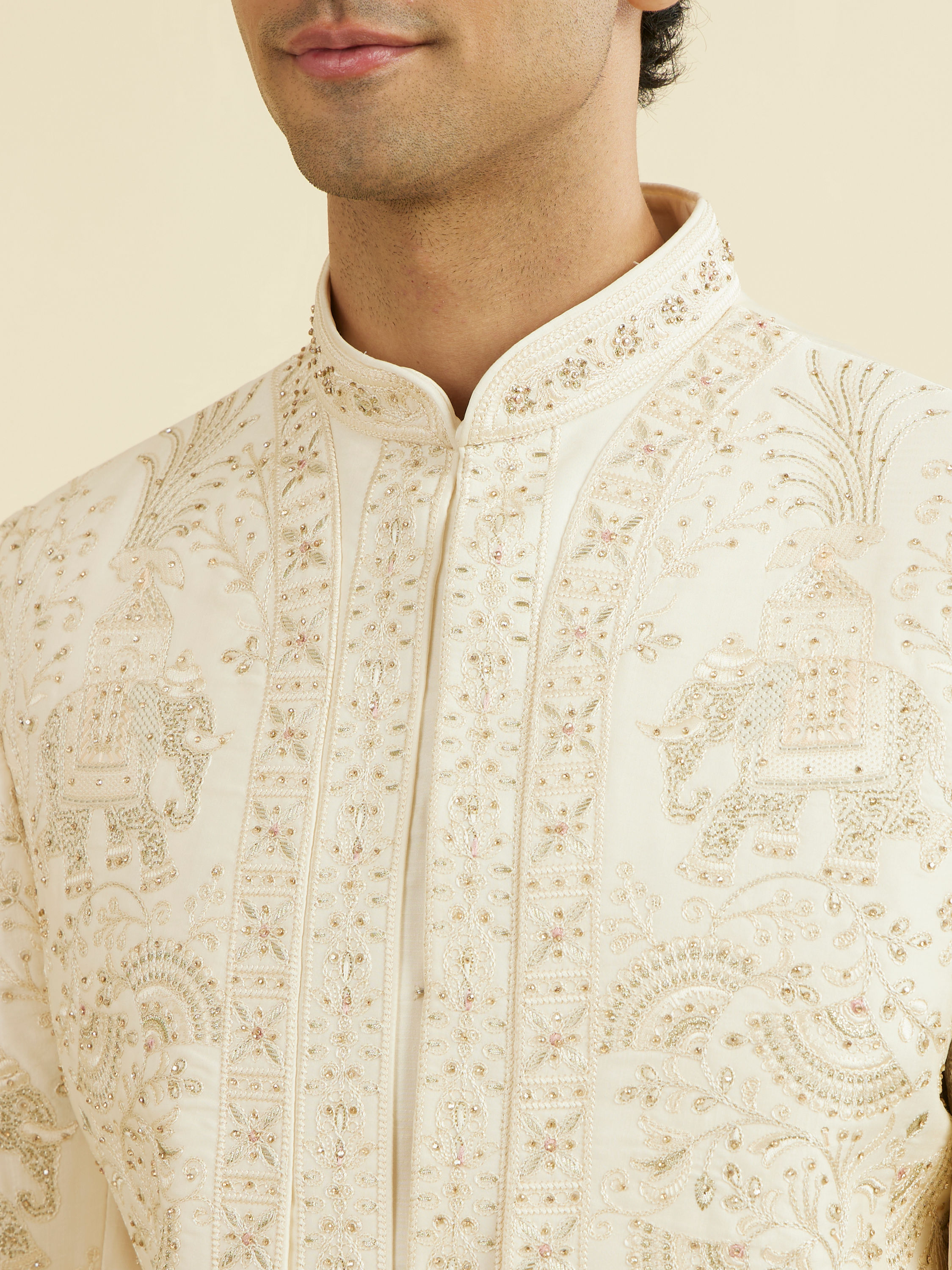 Manyavar Men Royal Cream Open Sherwani Ensemble