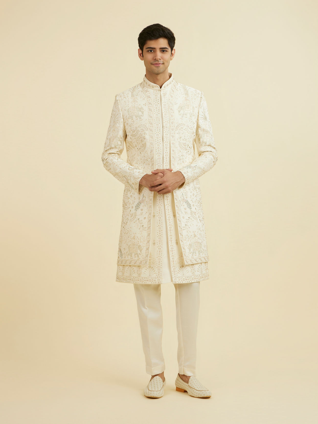 Manyavar Men Royal Cream Open Sherwani Ensemble