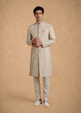 Manyavar Men Gold Tissue Thread-Embroidered Sherwani