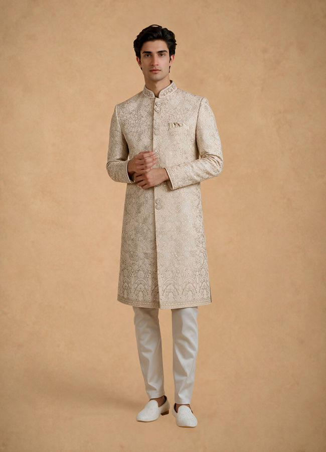 Manyavar Men Gold Tissue Thread-Embroidered Sherwani