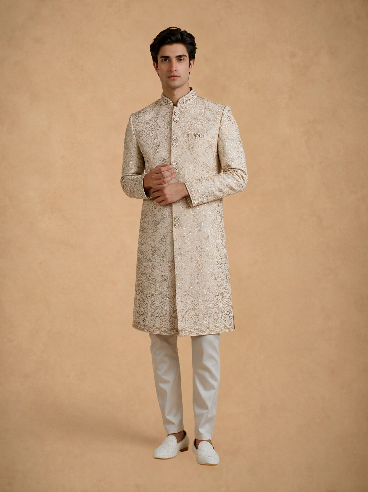 Manyavar Men Gold Tissue Thread-Embroidered Sherwani