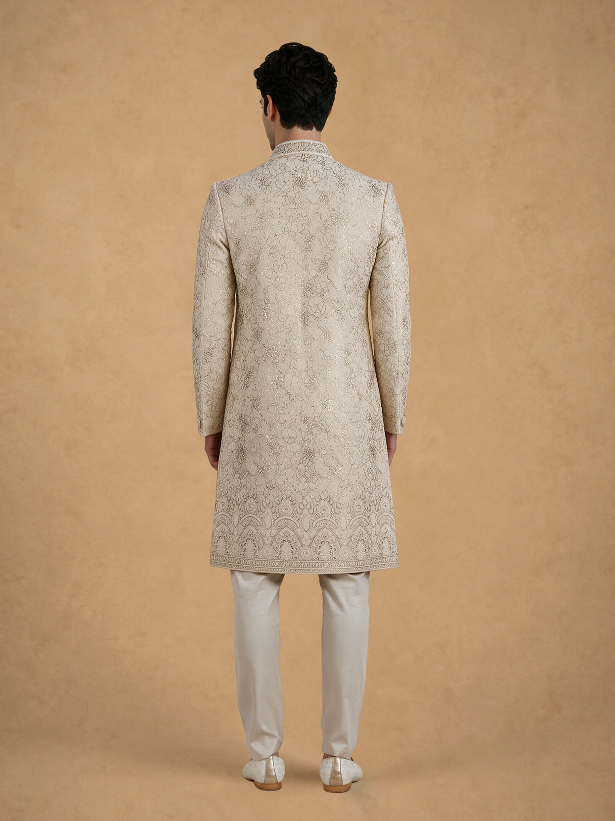 Manyavar Men Gold Tissue Thread-Embroidered Sherwani