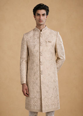 Manyavar Men Gold Tissue Thread-Embroidered Sherwani
