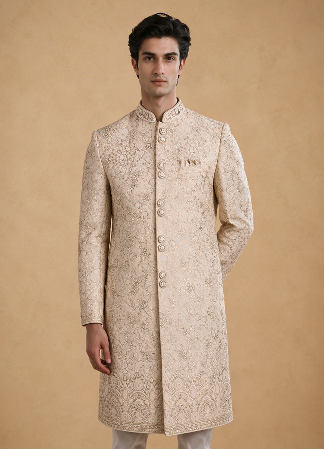 Manyavar Men Gold Tissue Thread-Embroidered Sherwani