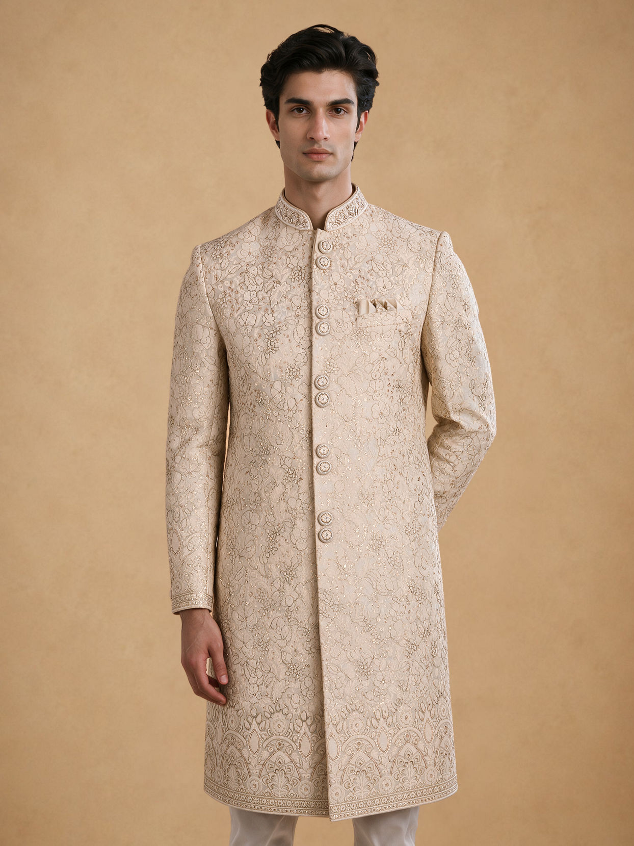 Manyavar Men Gold Tissue Thread-Embroidered Sherwani