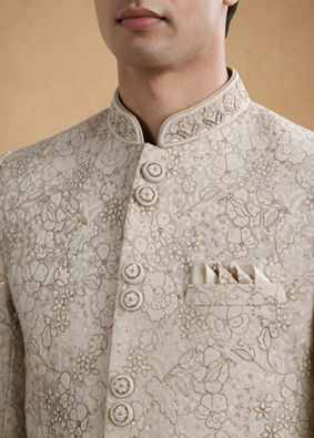 Manyavar Men Gold Tissue Thread-Embroidered Sherwani