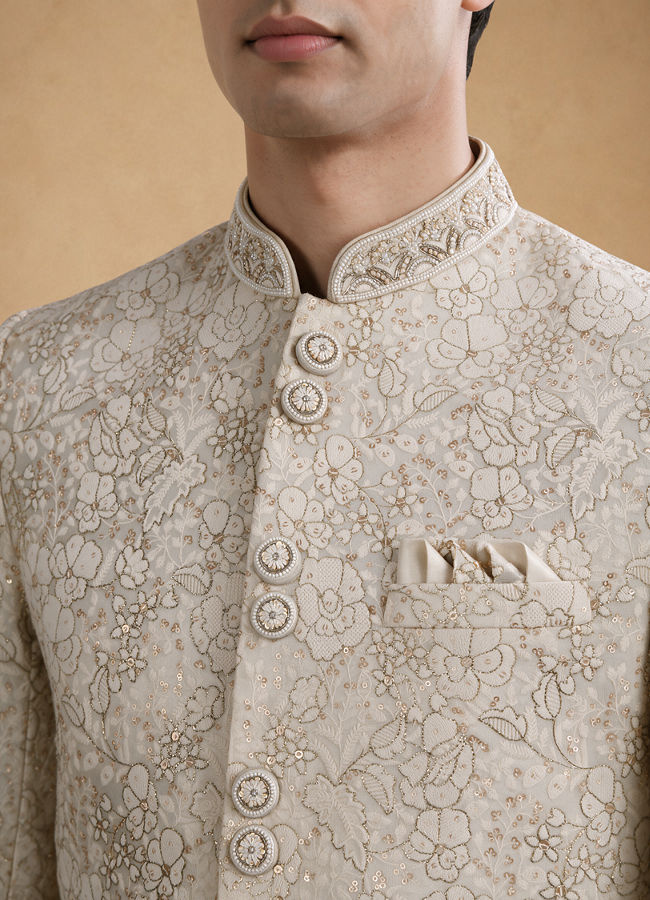 Manyavar Men Gold Tissue Thread-Embroidered Sherwani