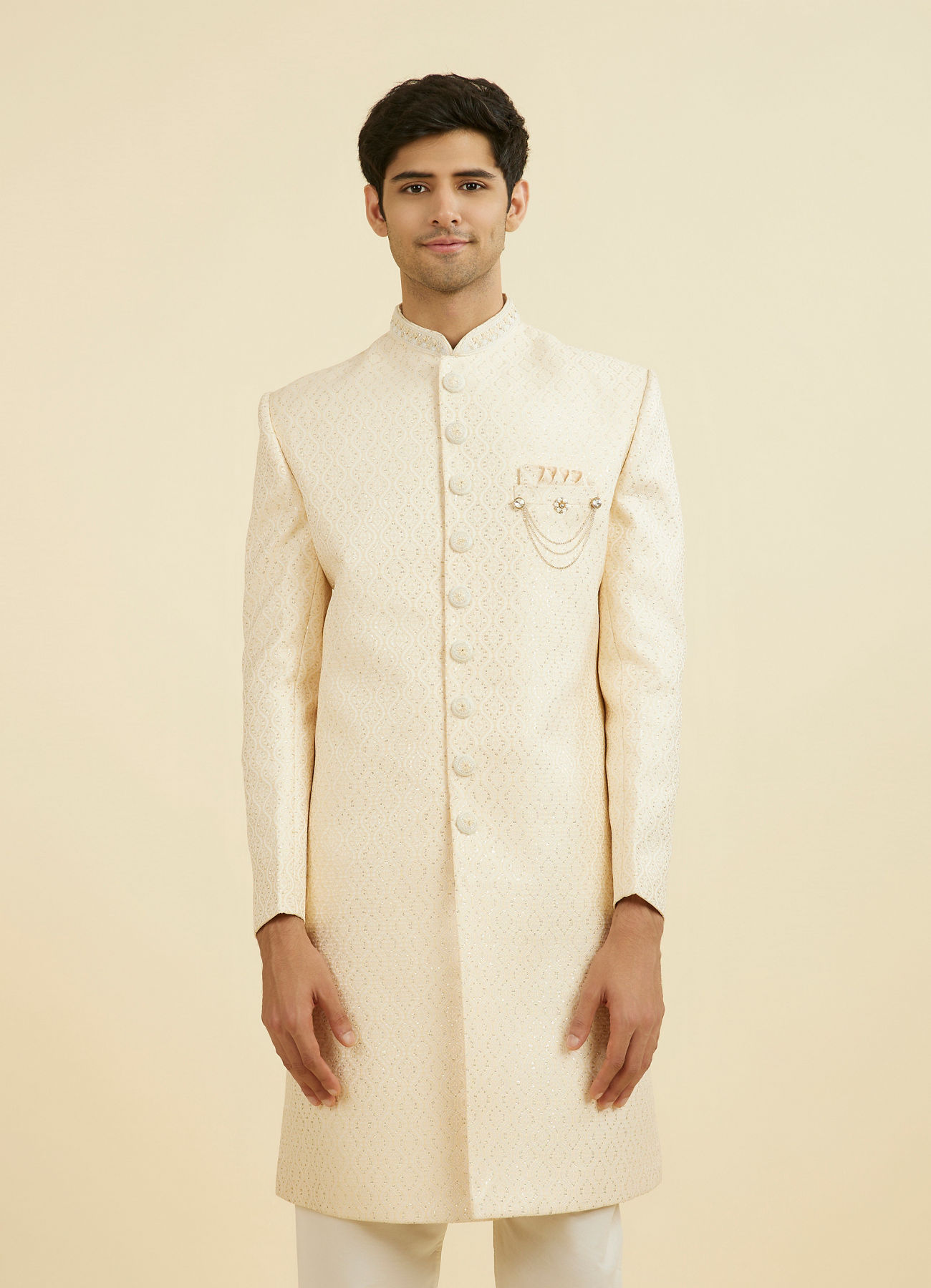 Manyavar Men Regal Beige Brocade Sherwani