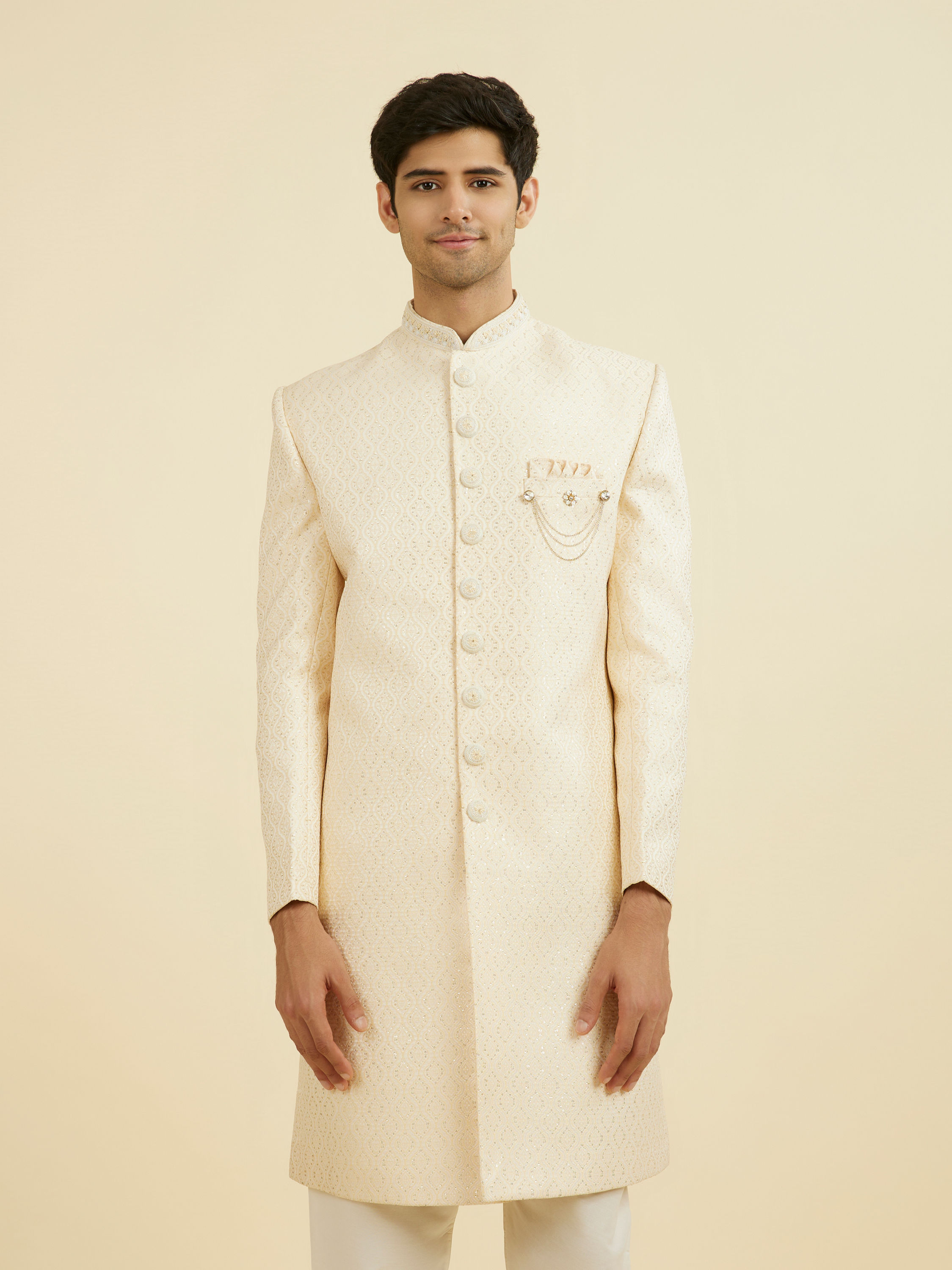 Manyavar Men Regal Beige Brocade Sherwani