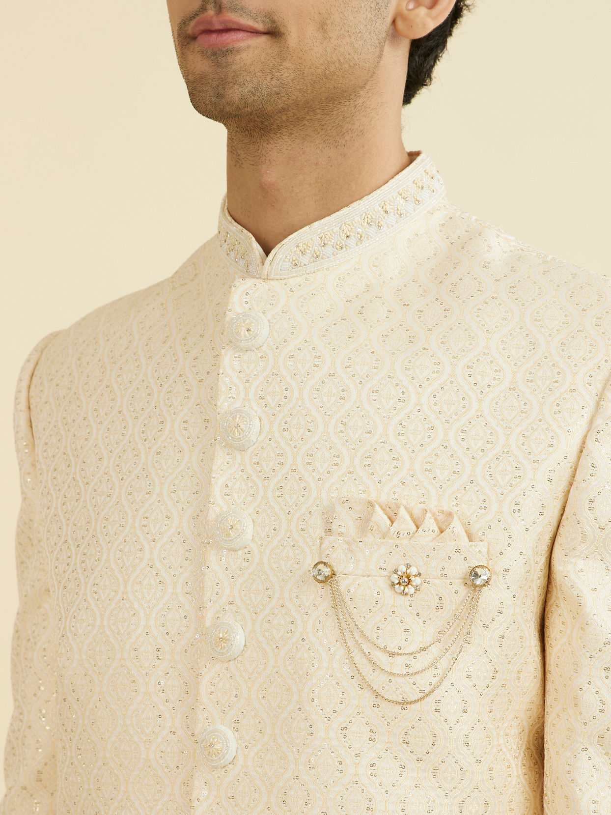 Manyavar Men Regal Beige Brocade Sherwani