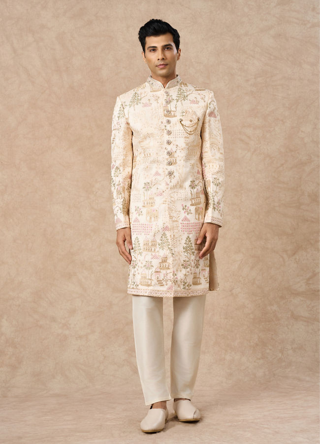 Manyavar Men Champagne Art Silk Sherwani with Embroidery