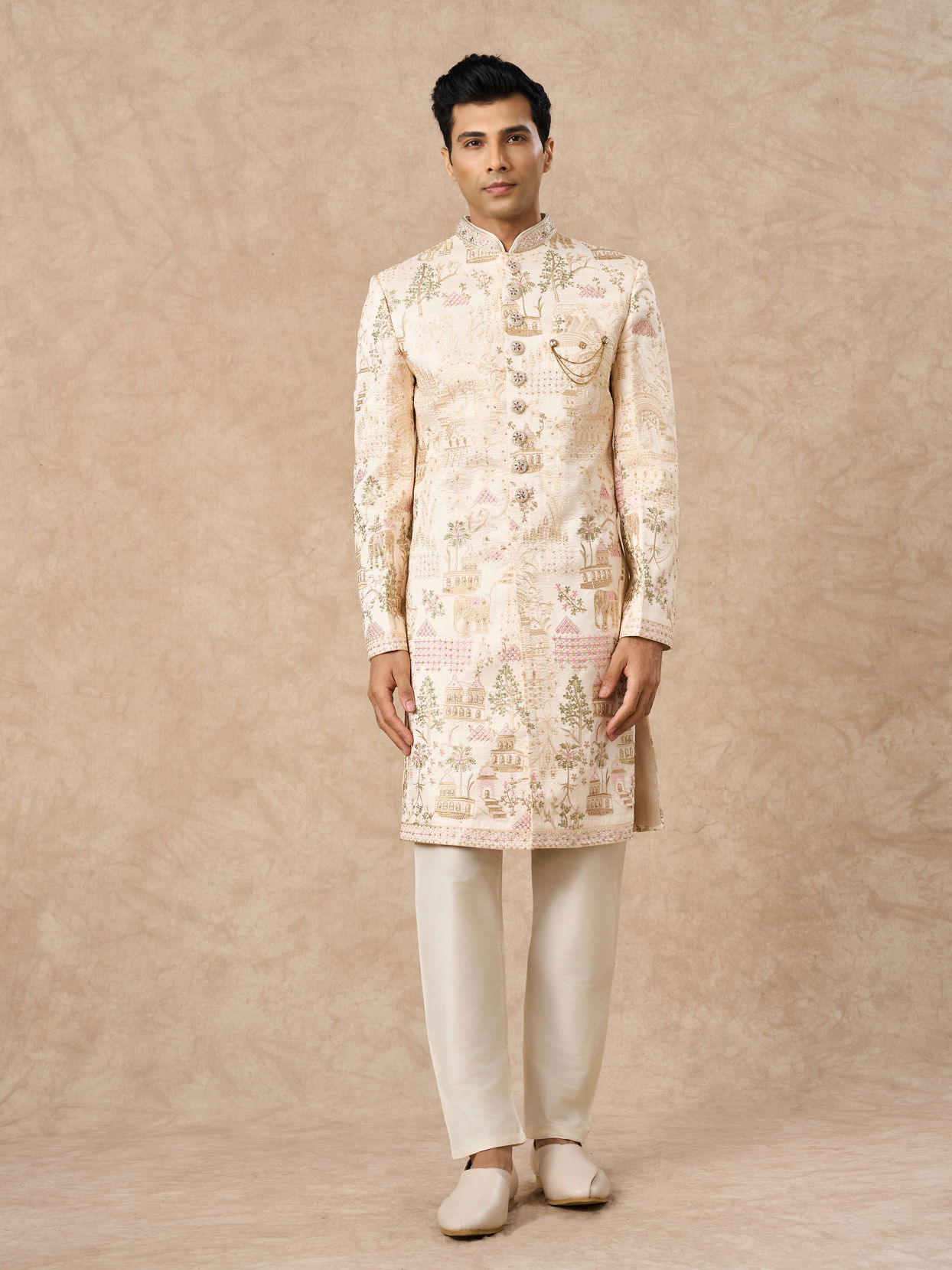 Manyavar Men Champagne Art Silk Sherwani with Embroidery