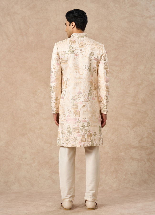 Manyavar Men Champagne Art Silk Sherwani with Embroidery