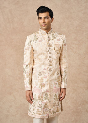 Manyavar Men Champagne Art Silk Sherwani with Embroidery