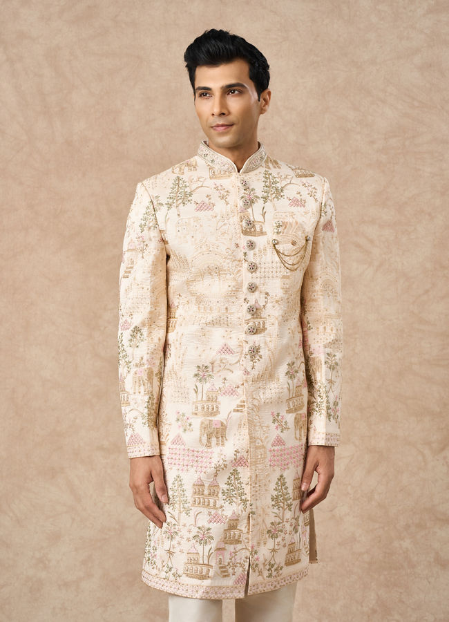 Manyavar Men Champagne Art Silk Sherwani with Embroidery