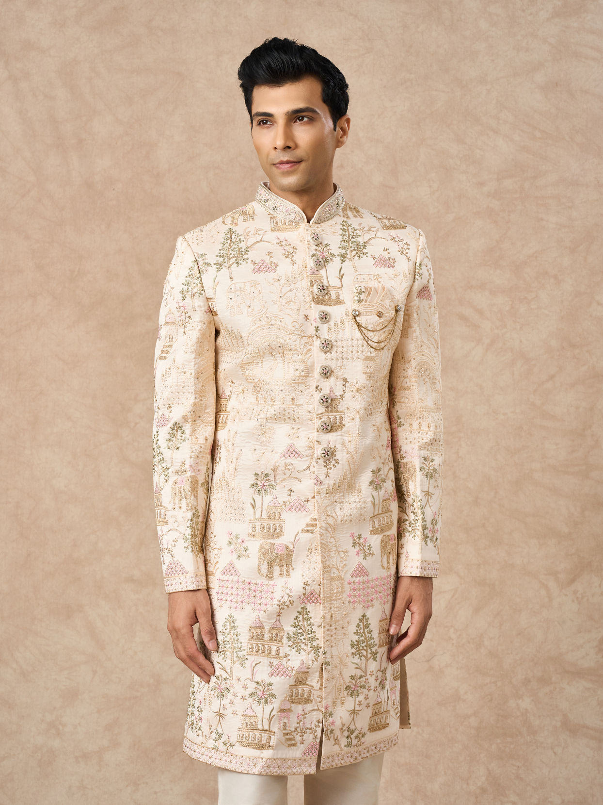 Manyavar Men Champagne Art Silk Sherwani with Embroidery