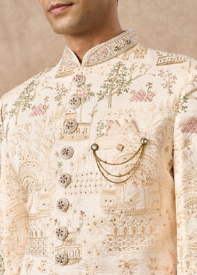 Manyavar Men Champagne Art Silk Sherwani with Embroidery