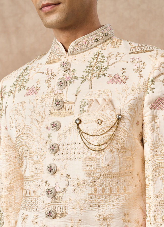 Manyavar Men Champagne Art Silk Sherwani with Embroidery
