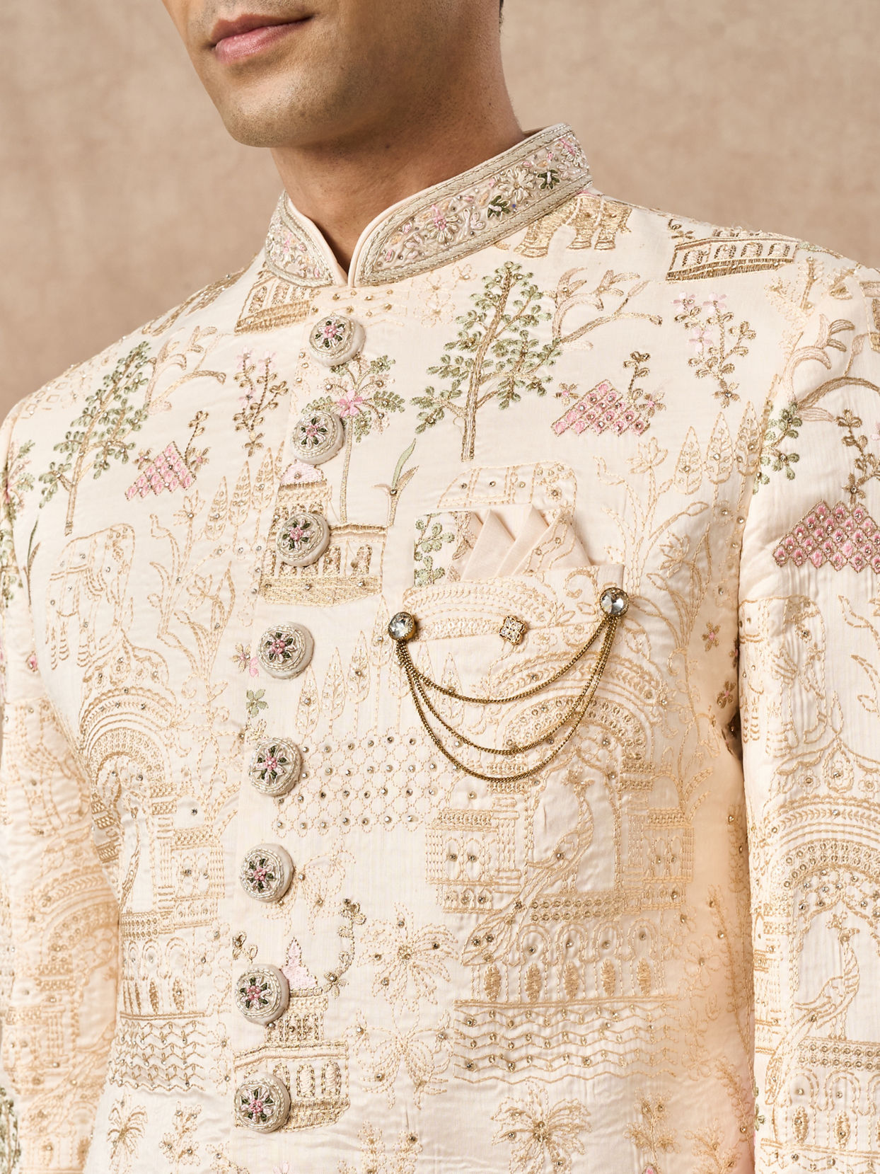 Manyavar Men Champagne Art Silk Sherwani with Embroidery