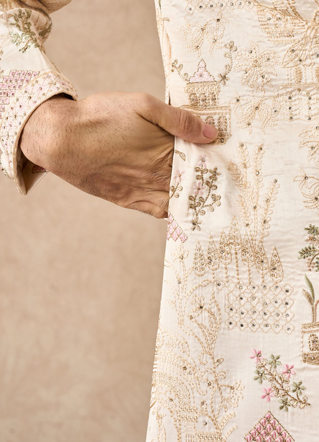 Manyavar Men Champagne Art Silk Sherwani with Embroidery