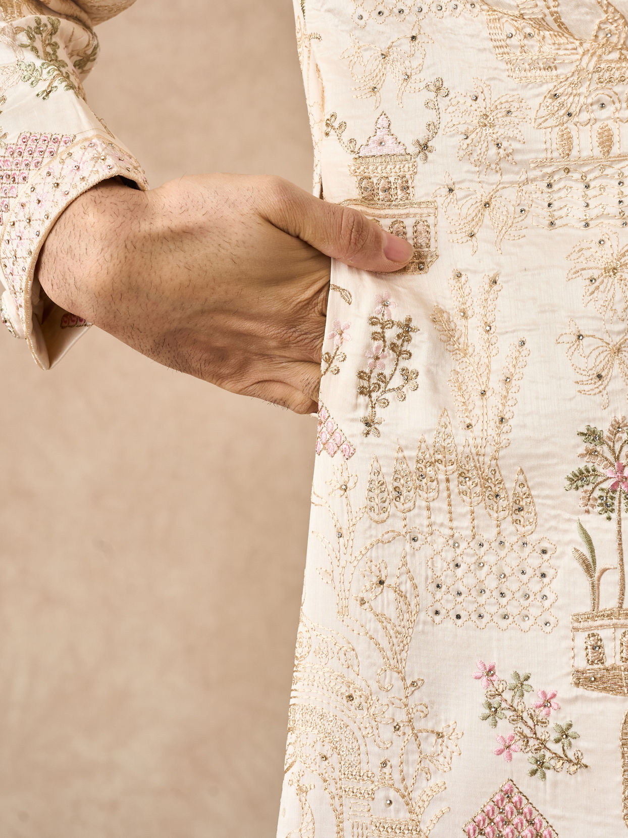 Manyavar Men Champagne Art Silk Sherwani with Embroidery