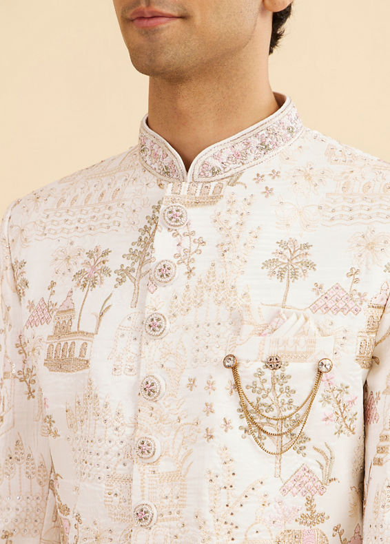 Manyavar Men Lavish Cream Art Silk Sherwani