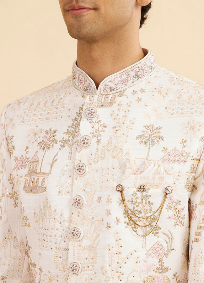 Manyavar Men Vijay's Cream Sherwani with Heritage Motif Embroidery