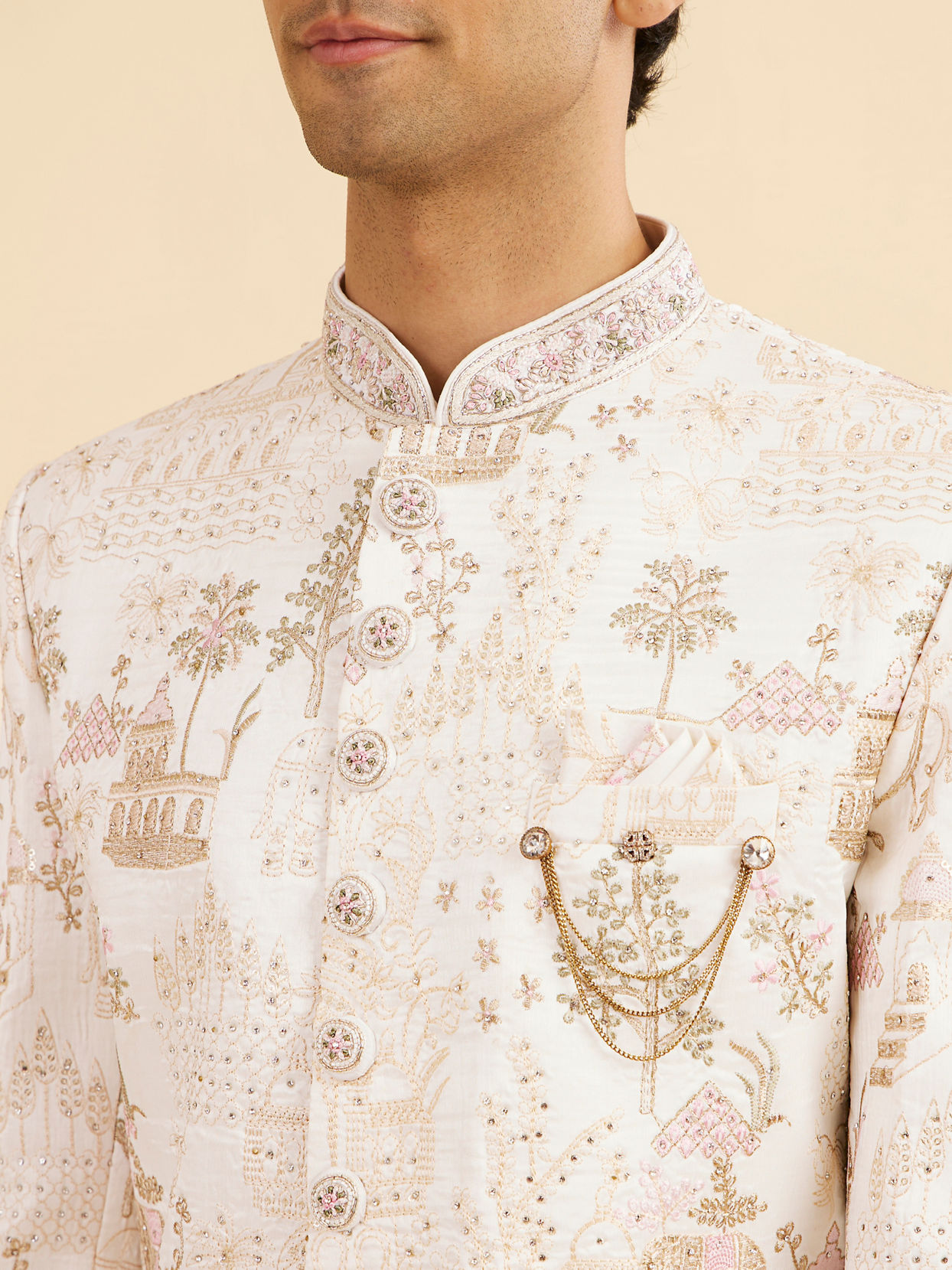Manyavar Men Vijay's Cream Sherwani with Heritage Motif Embroidery